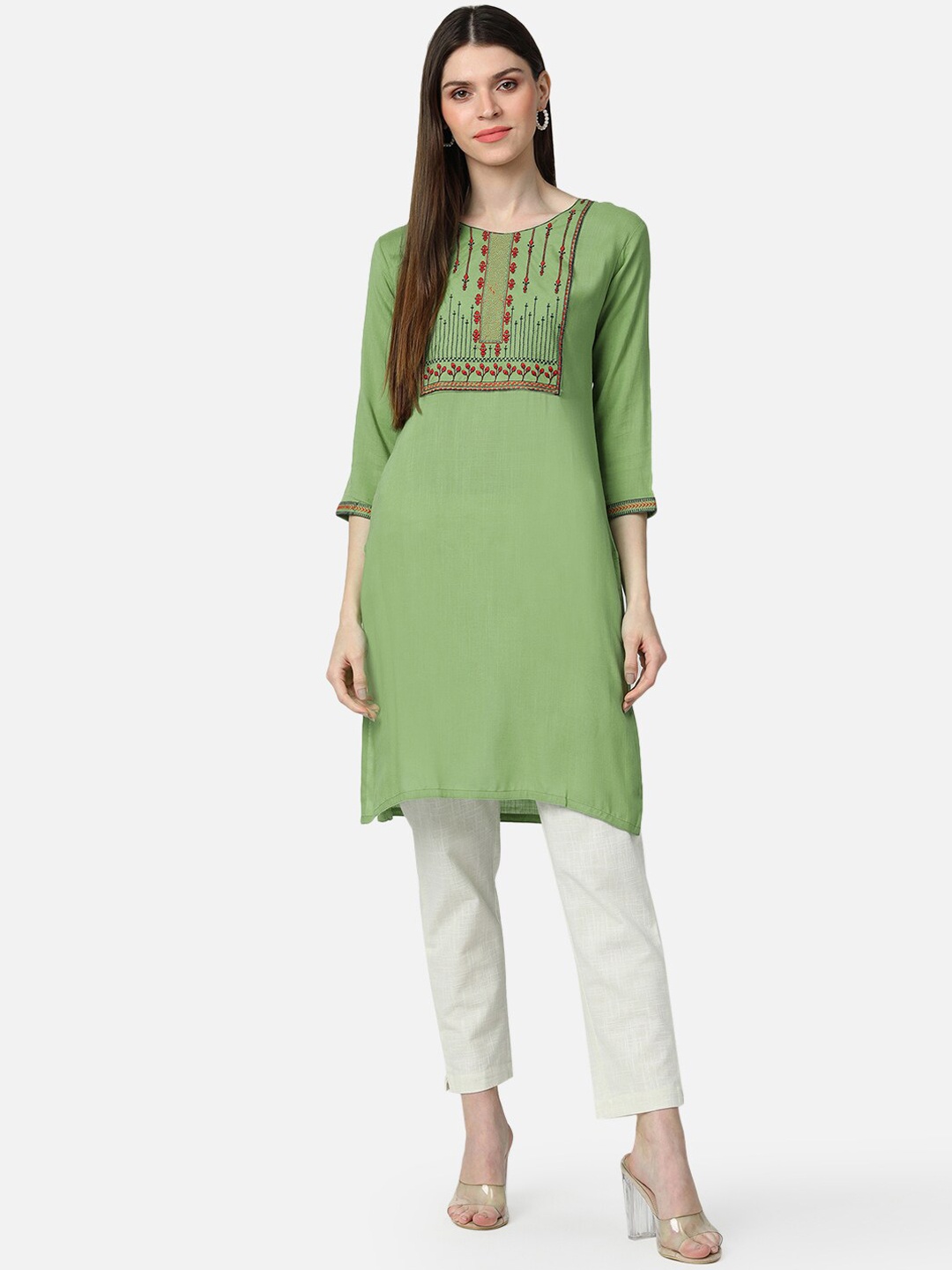 

AHIKA Women Green & Blue Yoke Design Straight Kurta