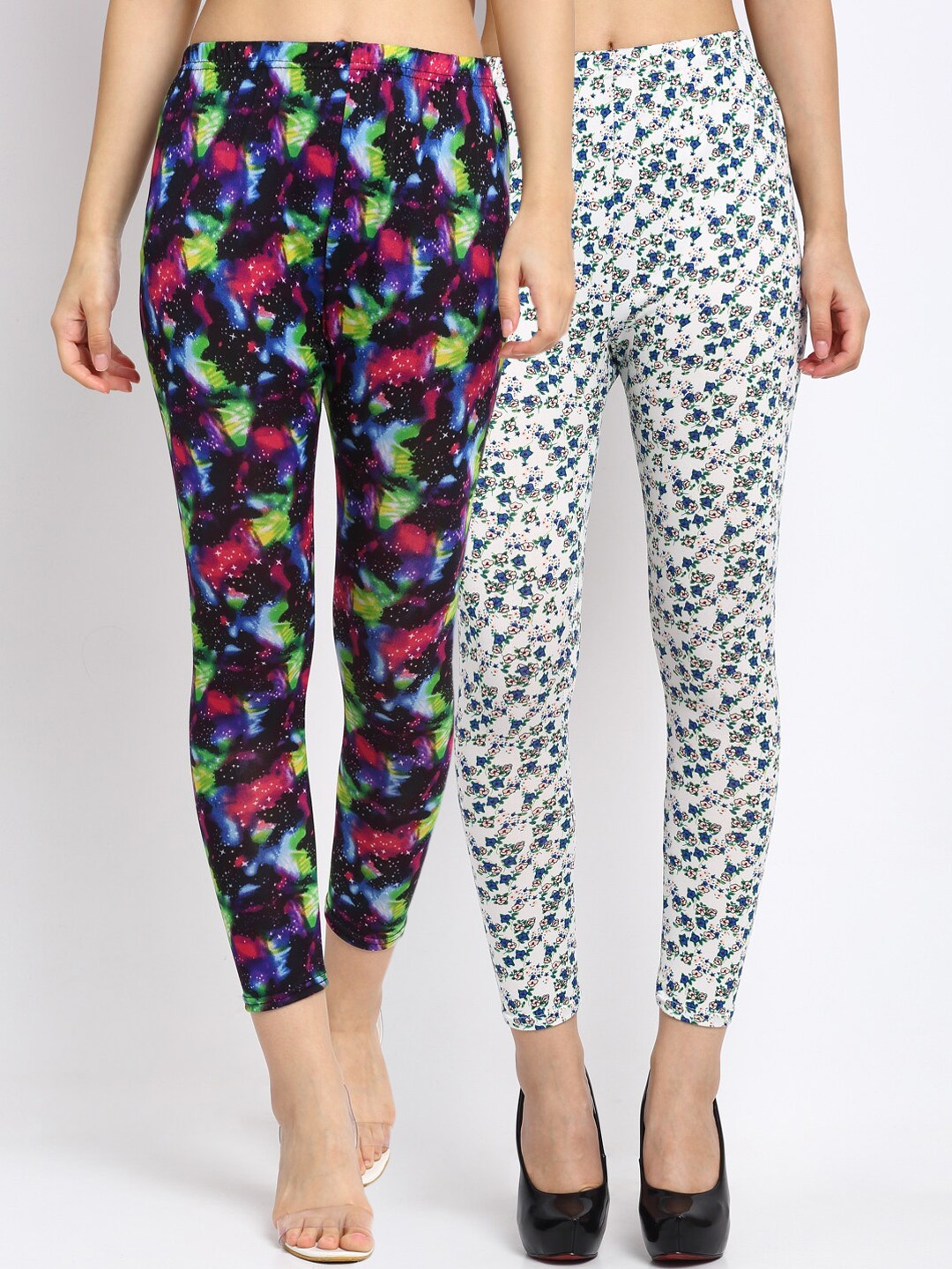

NEUDIS Women Pack of 2 Printed Skinny Fit Ankle Length Crop Leggings, Multi