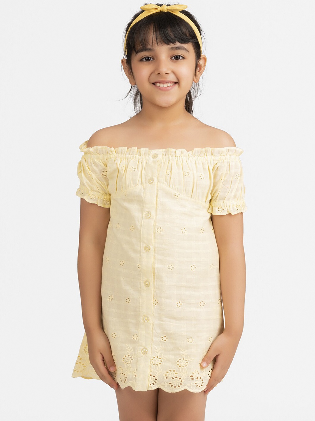 

KIDKLO Girls Yellow Self Design Sheath Dress