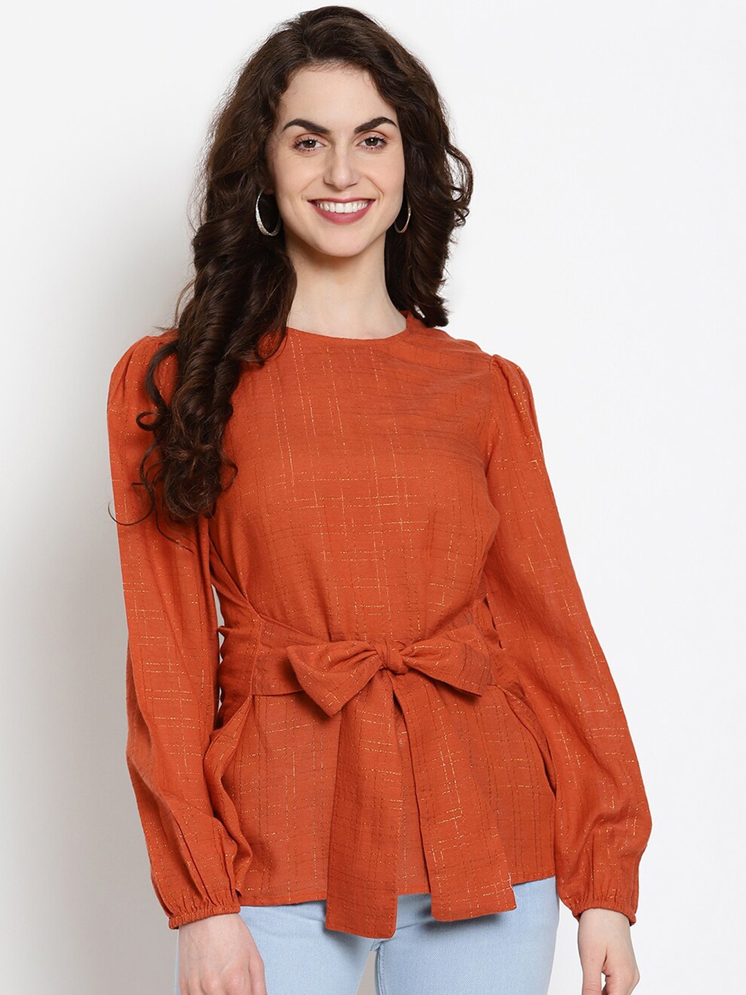 

VANCA ECO Rust Orange Puff Sleeves Sustainable A-Line Top