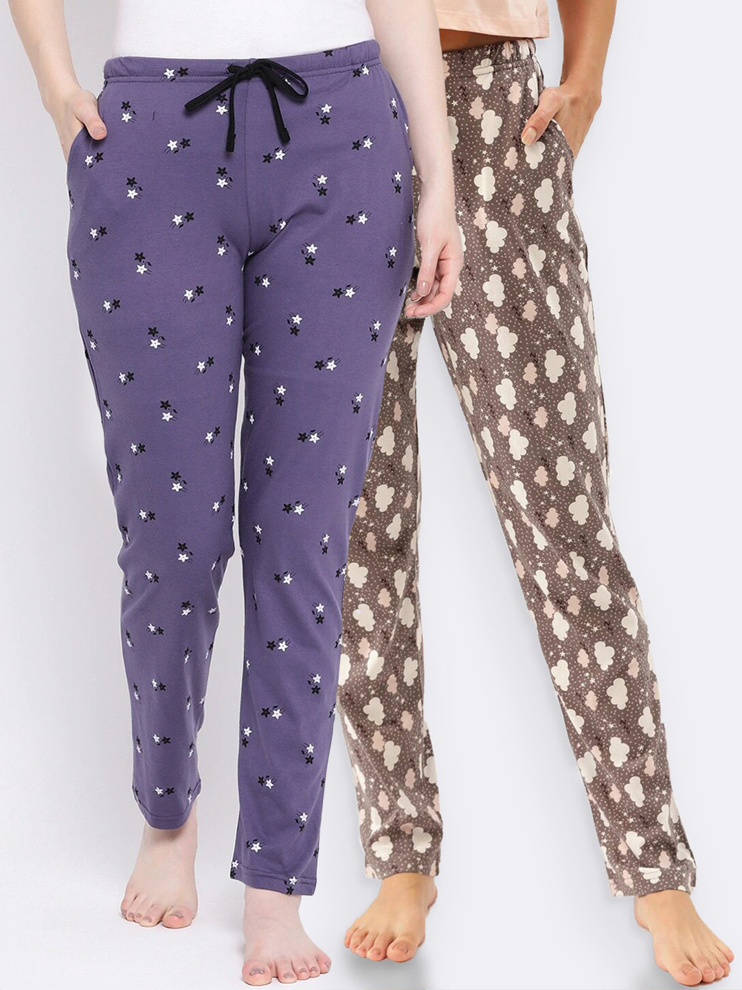 

Kanvin Women Pack of 2 Printed Pure Cotton Lounge Pants, Brown