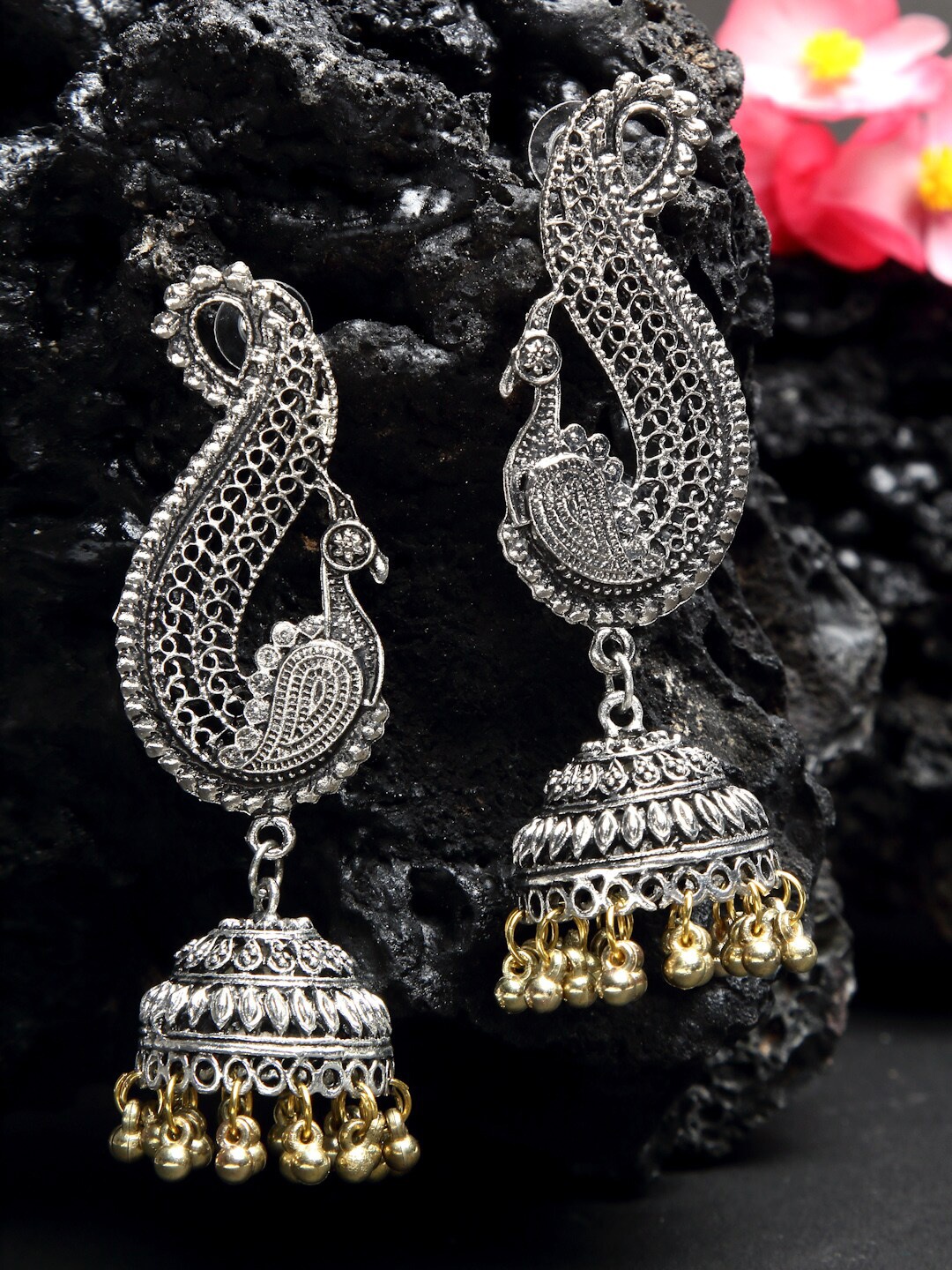 

NEUDIS Oxidised Silver-Toned & Gold-Toned Peacock Shaped Jhumkas