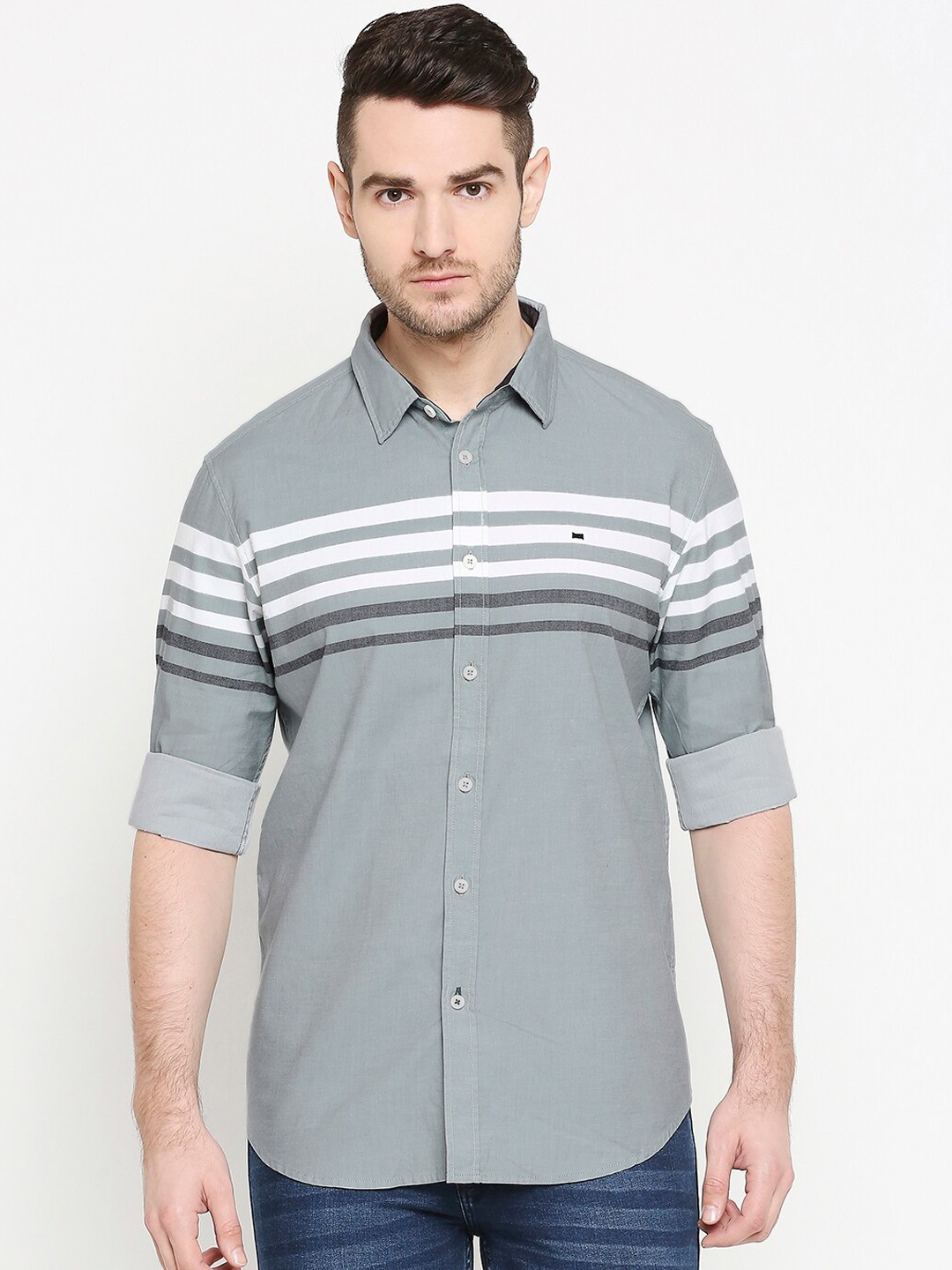 

Basics Men Grey & White Slim Fit Striped Casual Shirt