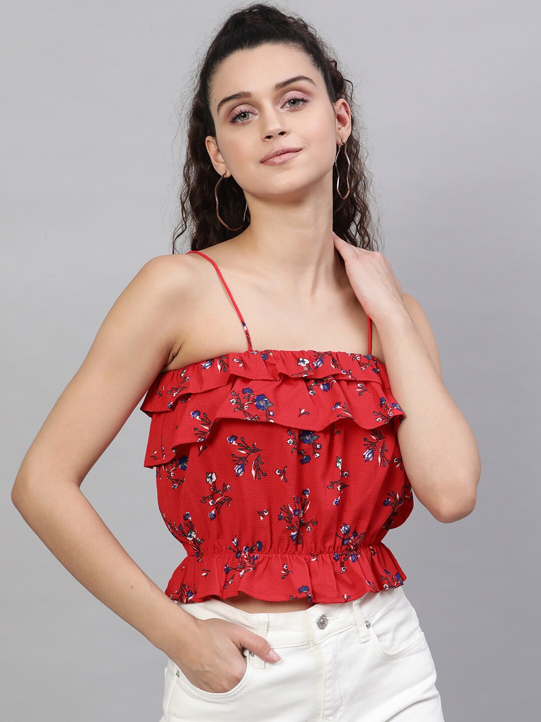 

STREET 9 Red & Black Floral Printed Blouson Crop Top