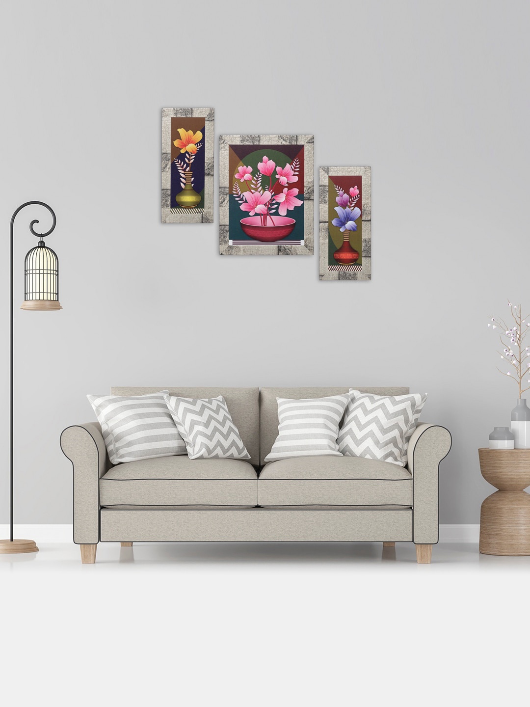 

Indianara Set of 3 Multicoloured Flowers in Vases Framed Wall Paintings without Glass, Multi