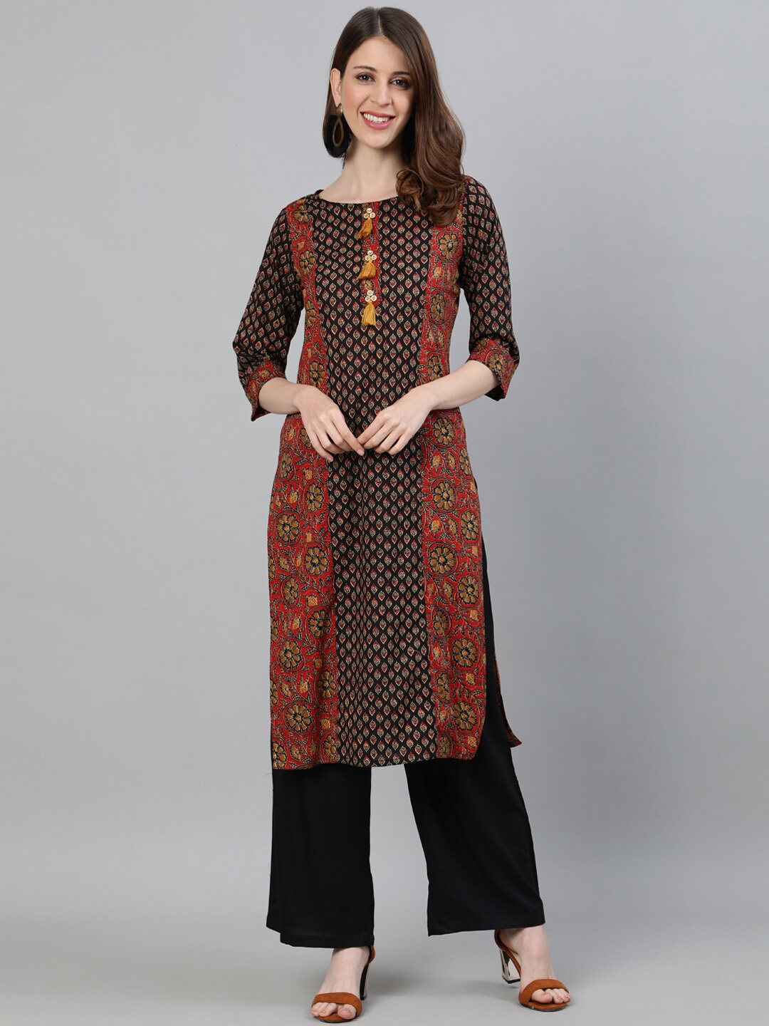 

Jaipur Kurti Women Rust Red & Black Printed Kurta with Trousers