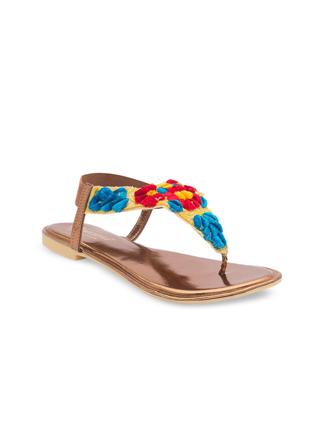 

WALK N STYLE COLLECTION Women Beige Woven Design T-Strap Flats