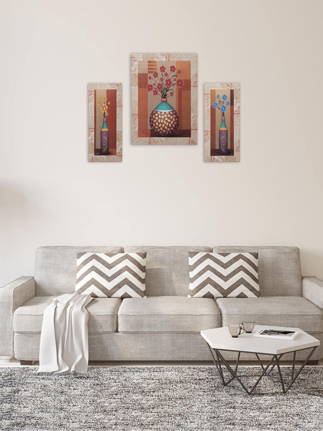 

Indianara Set of 3 Orange & Yellow Digitally Printed Flowers in Vases Wall Art