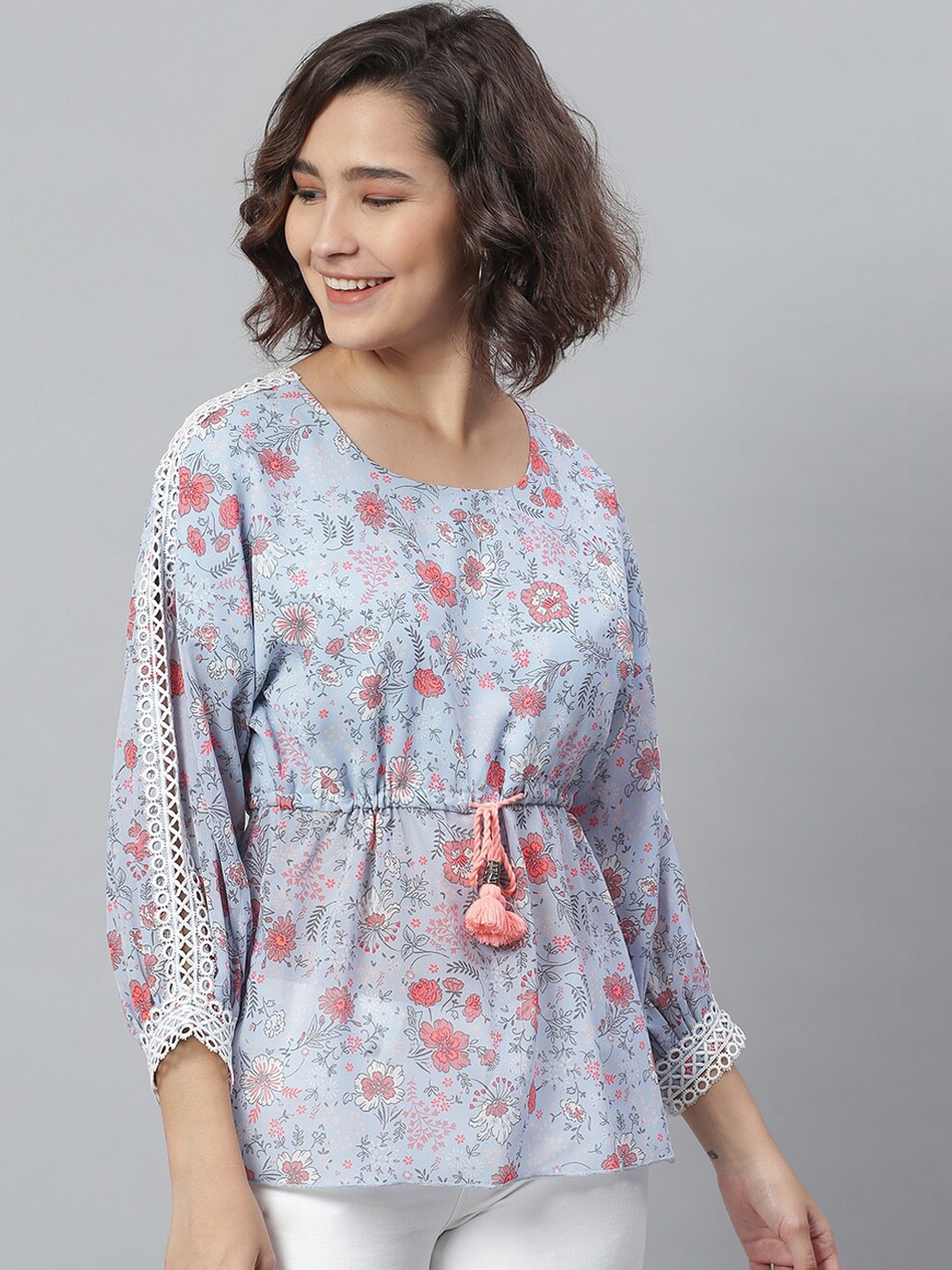 

KASSUALLY Blue Floral Georgette Cinched Waist Top