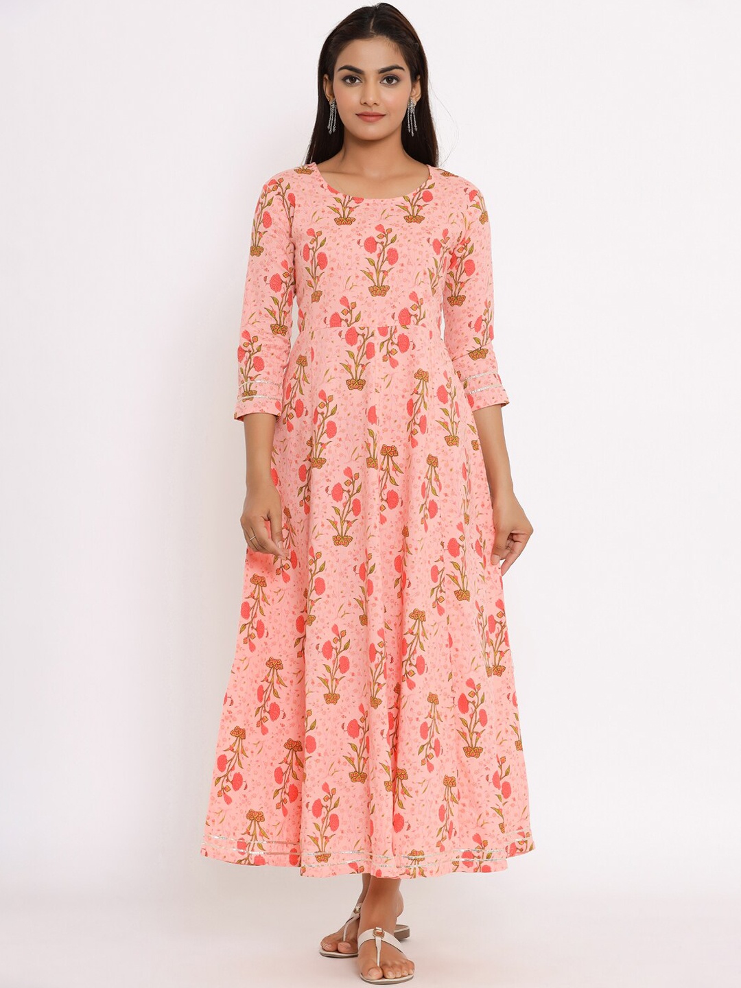 Fabriko Women Pink & Green Floral Printed Cotton A-Line Kurta
