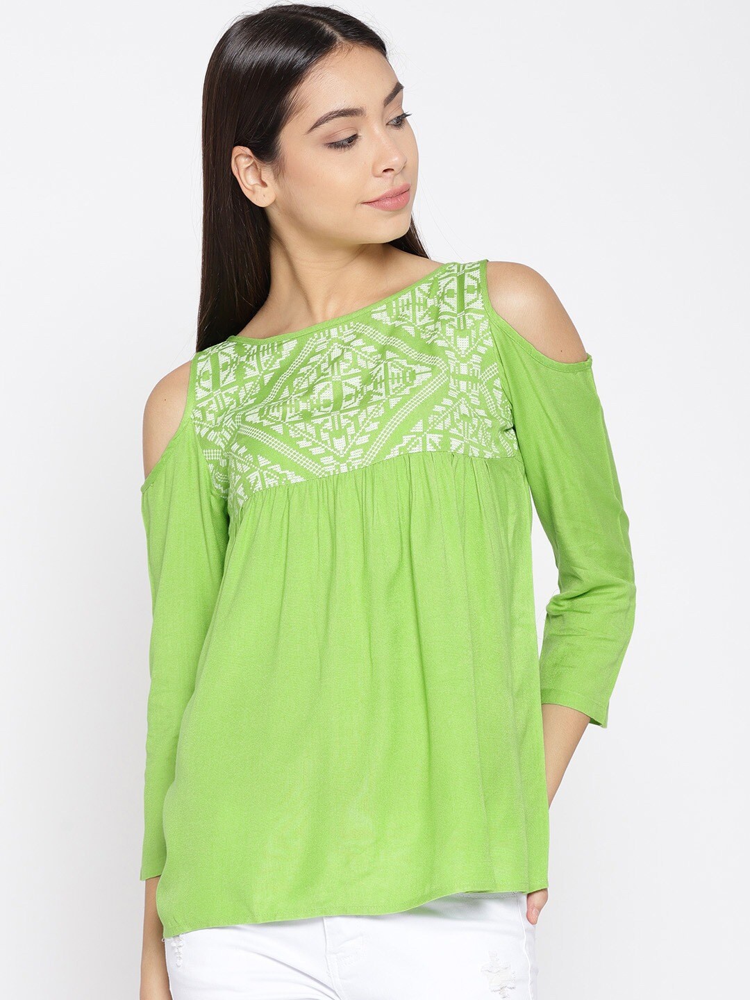 

The Vanca Green & White Geometric Print Cold-Shoulder Sleeves Top