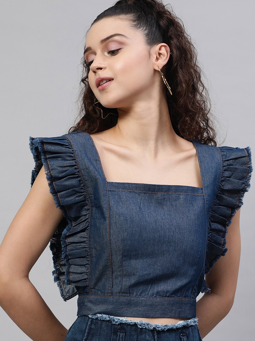 

STREET 9 Navy Blue Flutter Sleeves Indigo Pure Cotton Denim Regular Crop Top