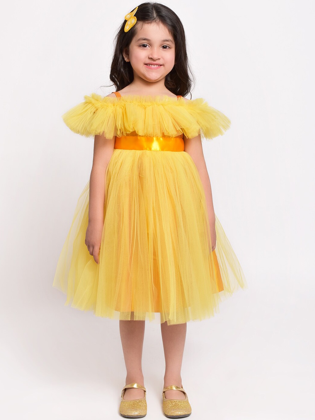 

Jelly Jones Girls Yellow Solid Fit and Flare Dress with Satin Belt