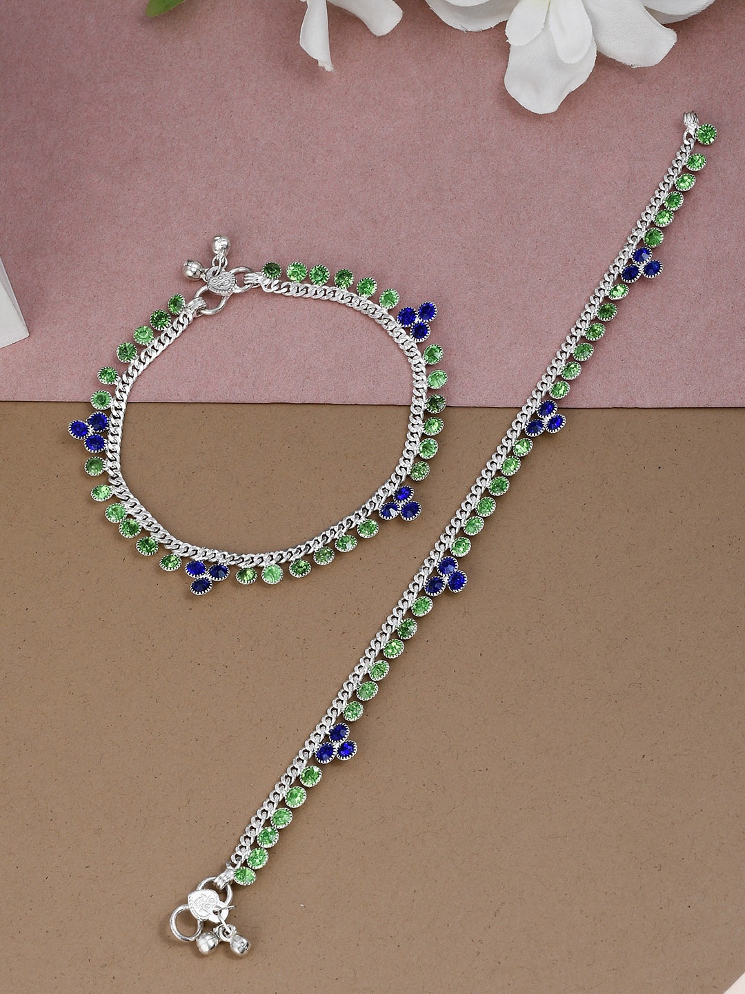 

Silvermerc Designs Set Of 2 Silver-Plated Blue & Green Stone-Studded Anklets