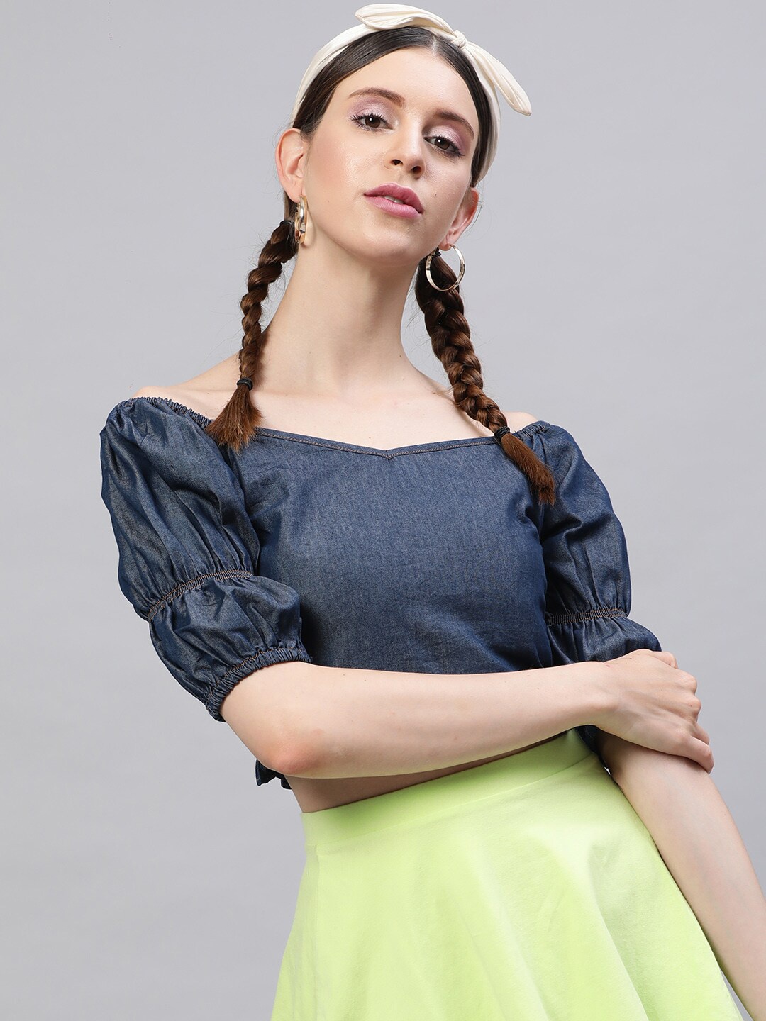 

STREET 9 Navy Blue Solid Indigo Pure Cotton Denim Bardot Crop Top