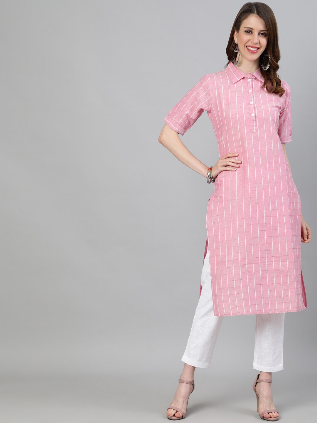 

Jaipur Kurti Women Pink & White Striped Kurta with Trousers