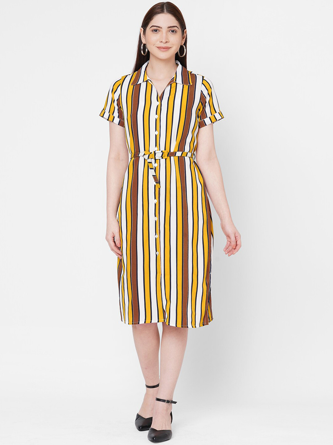 

109F Women Yellow Striped Shirt Dress