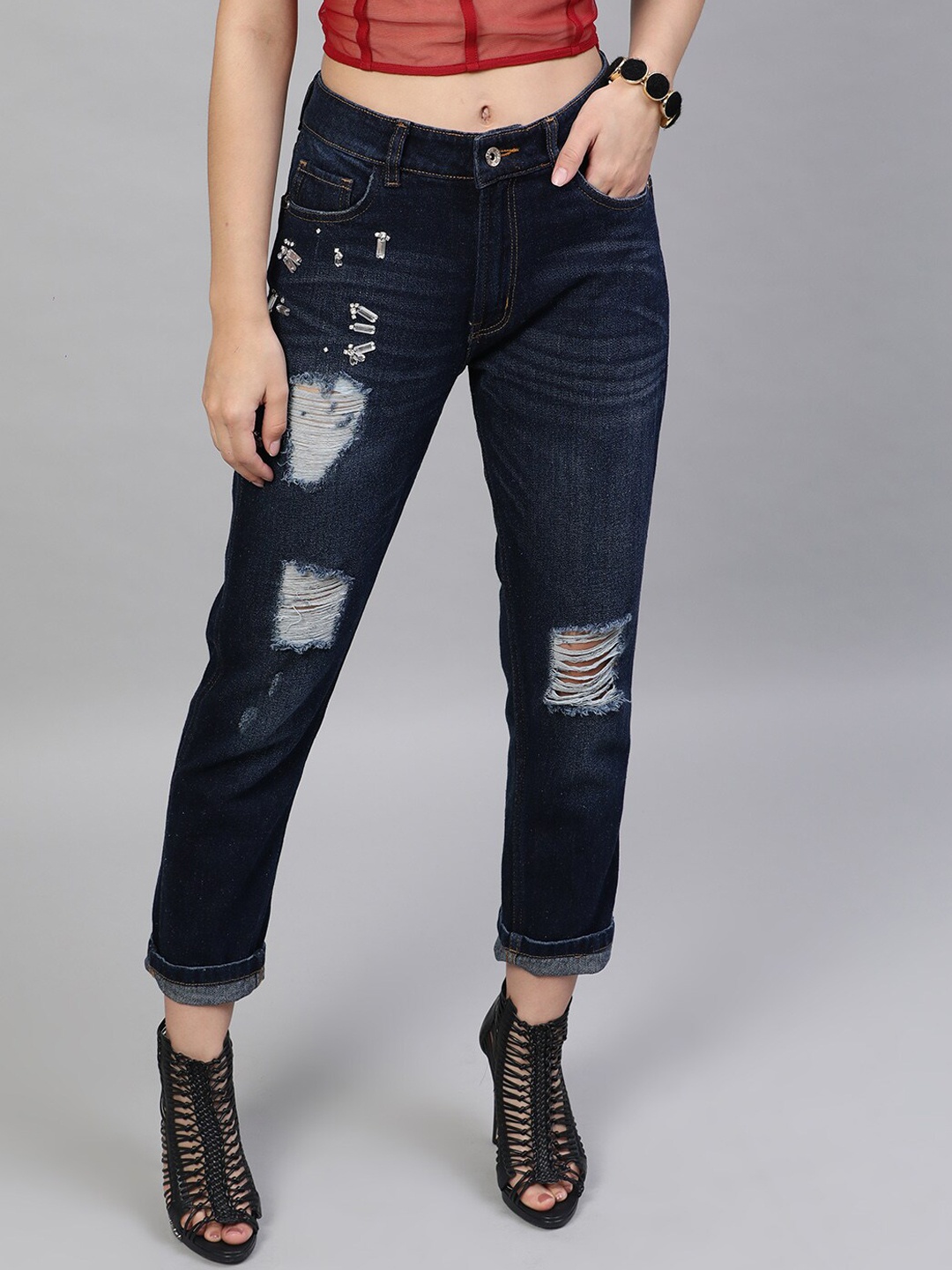 

STREET 9 Women Blue Relaxed Fit Mid-Rise Highly Distressed Jeans