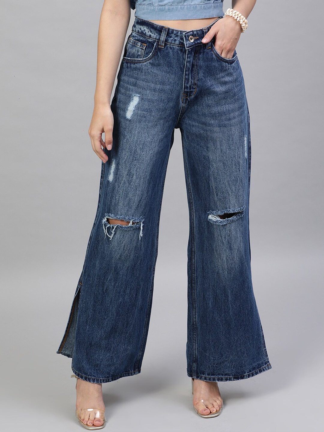 

STREET 9 Women Blue Flared High-Rise Mildly Distressed Jeans