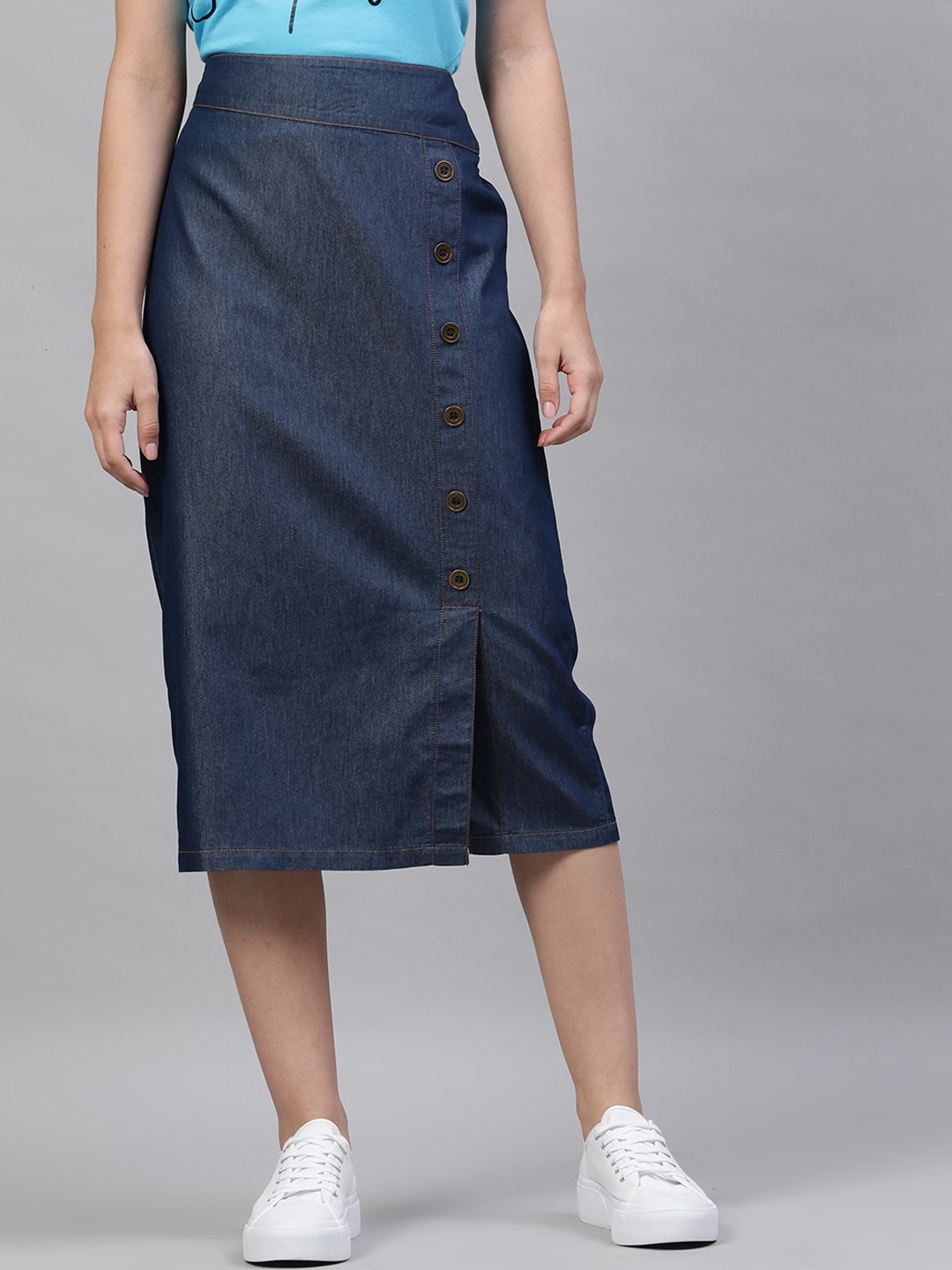 STREET 9 Blue Knee-Length Denim Midi Straight Skirt, Navy blue