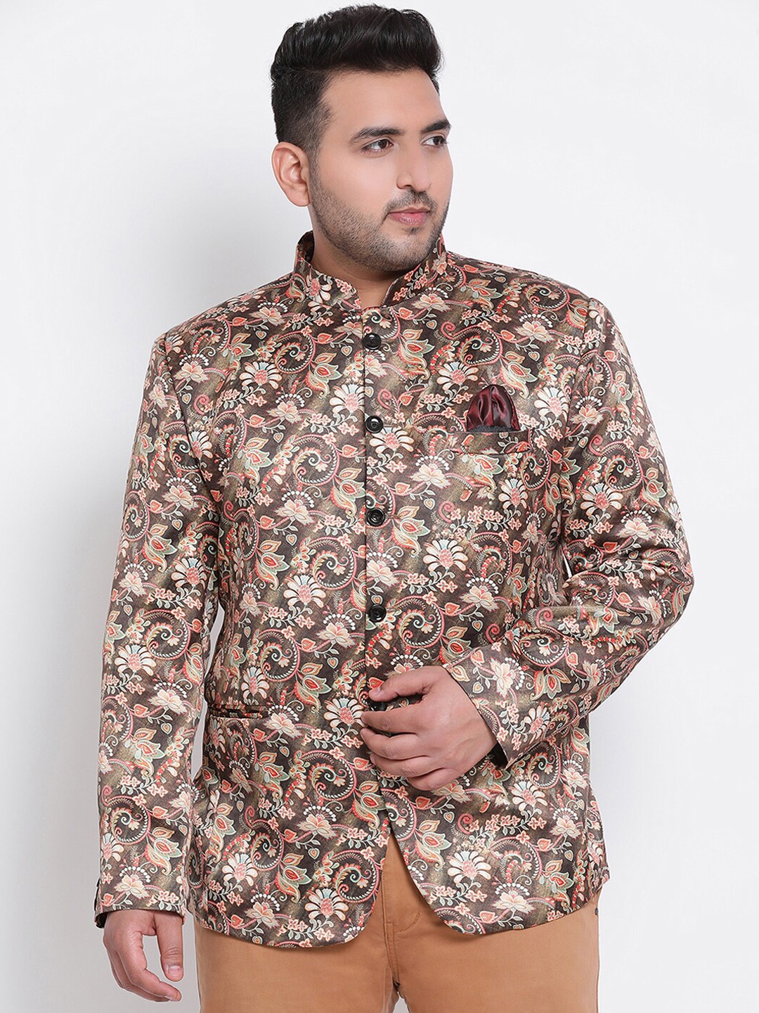 

Hangup Men Brown & Beige Printed Single-Breasted Bandhgala Blazer
