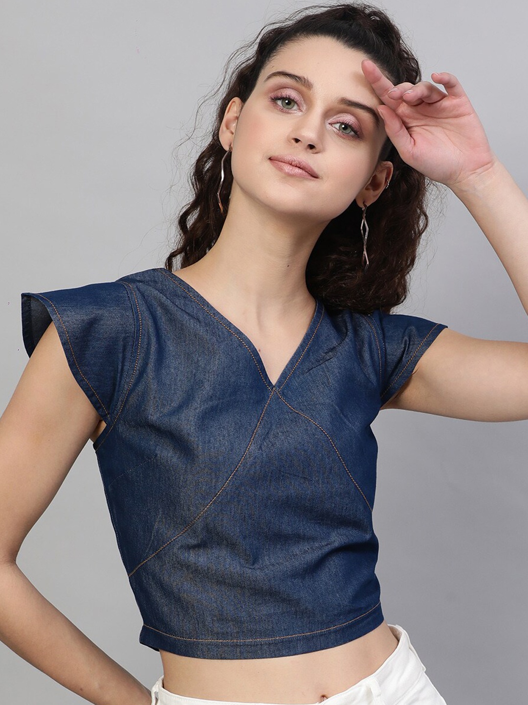 

STREET 9 Navy Blue Flutter Sleeves Pure Cotton Denim Regular Crop Top