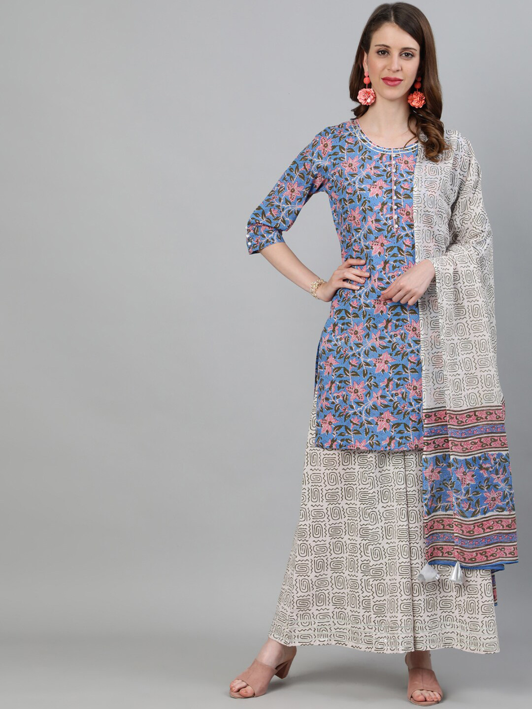 

Jaipur Kurti Women Blue & White Printed Kurta with Palazzos & Dupatta