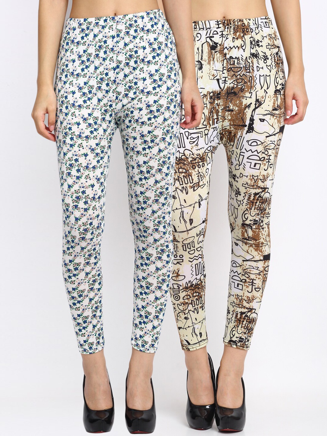 

NEUDIS Women Pack of 2 Printed Skinny Fit Ankle Length Crop Leggings, Cream