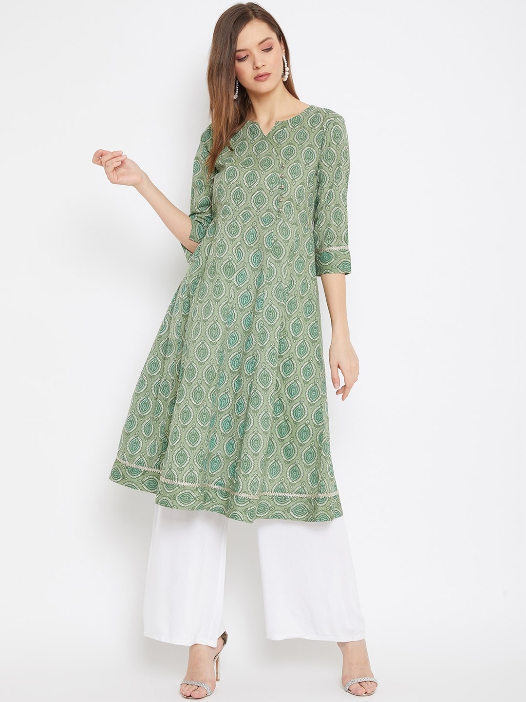 

One of a Kind Women Green & Off White Ethnic Motifs Printed Anarkali Kurta