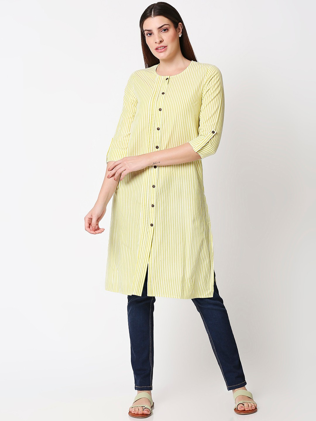 

Bewakoof Women Yellow & White Striped Pastels Cotton Straight Kurta