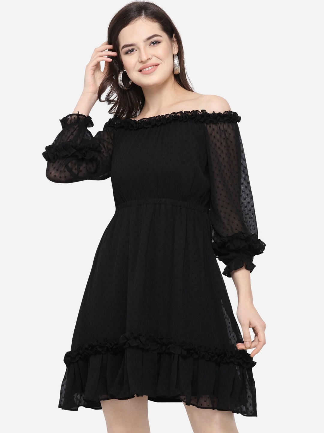 

Fbella Women Black Self Design Fit and Flare Dress