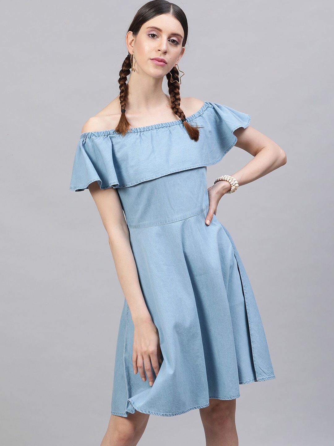 

STREET 9 Women Blue Solid Fit and Flare Denim Cotton Dress