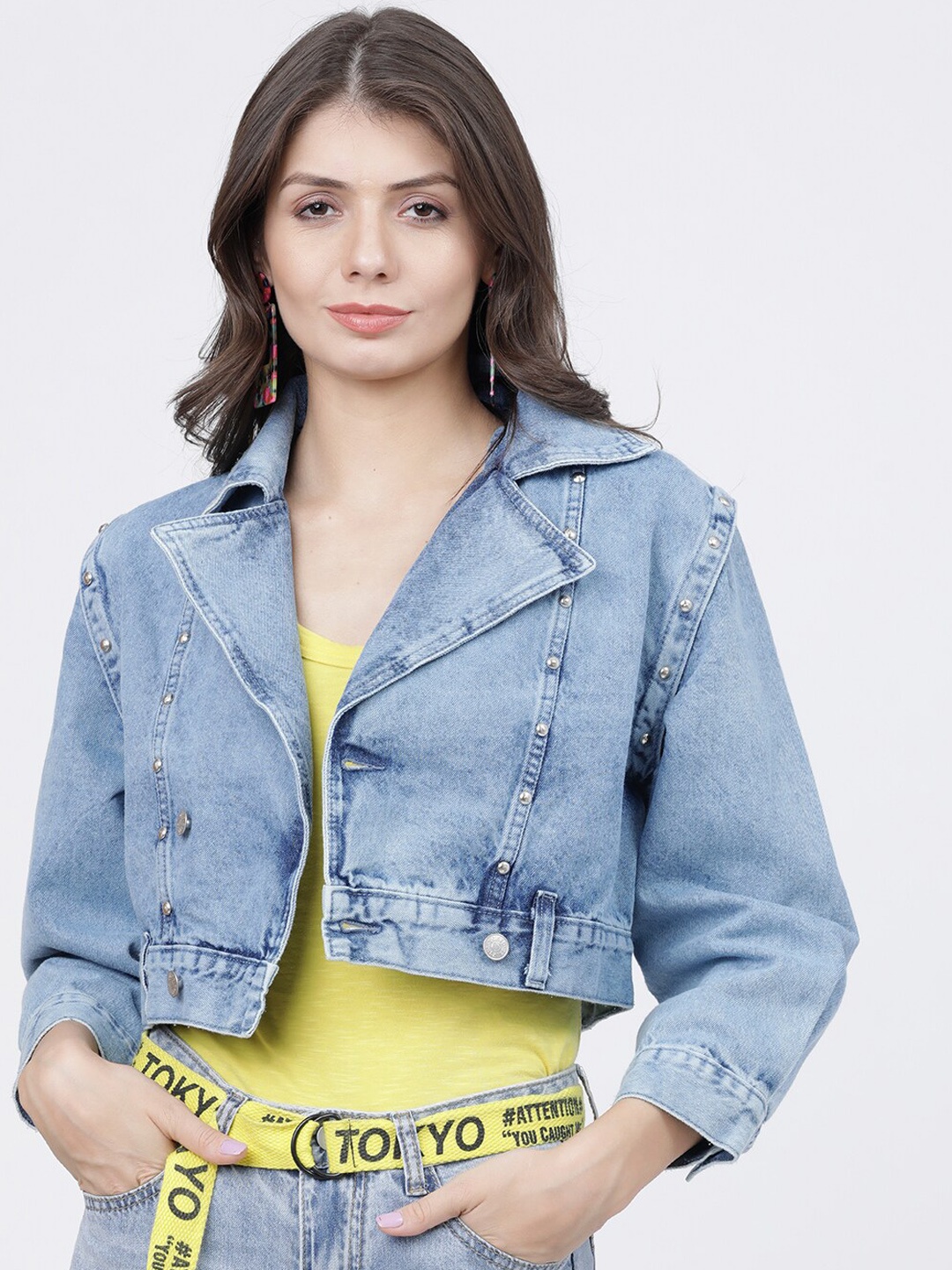

Tokyo Talkies Women Blue Solid Crop Denim Jacket