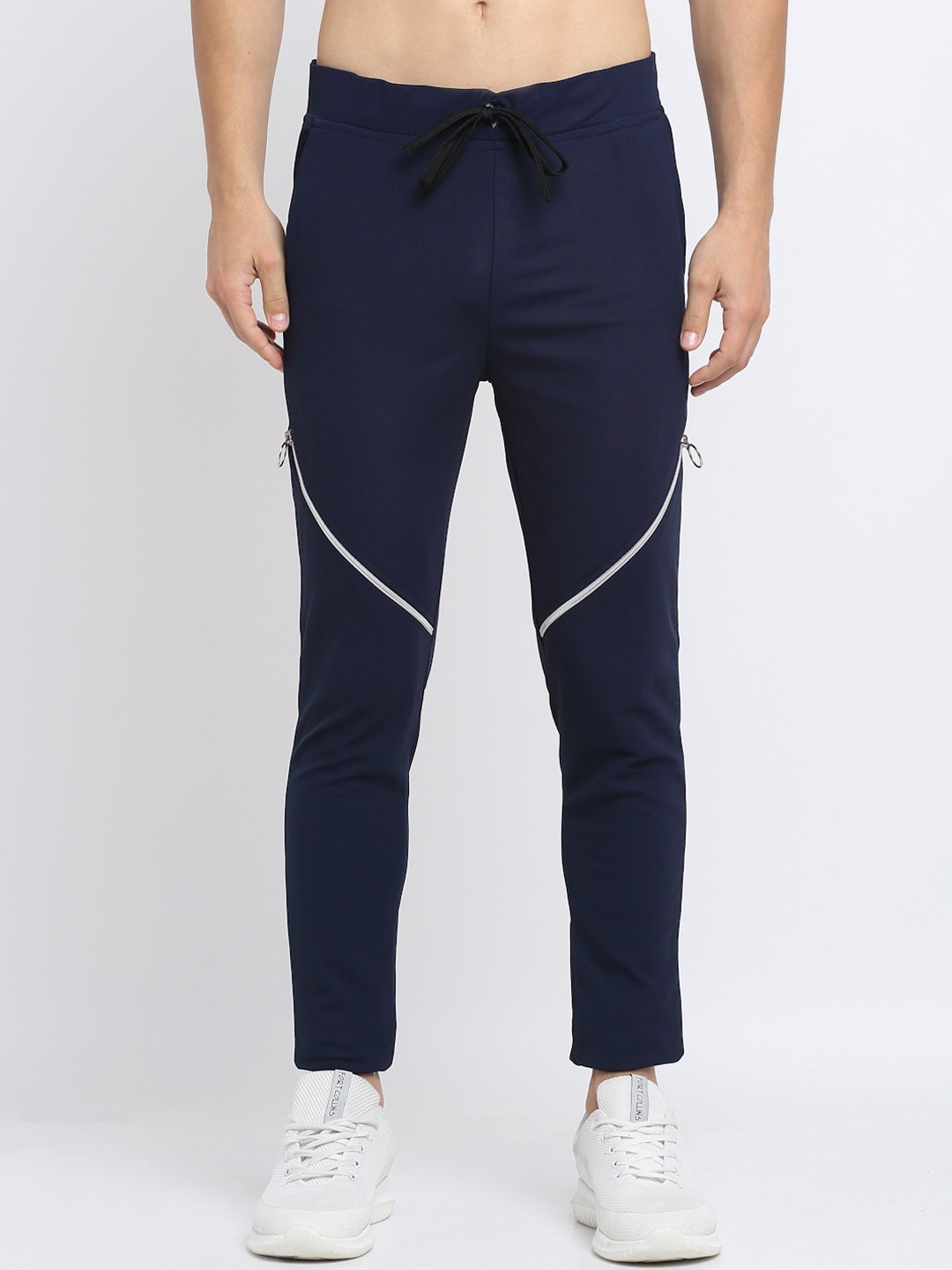 

NEUDIS Men Navy Blue Solid Structured Slim-Fit Track Pants