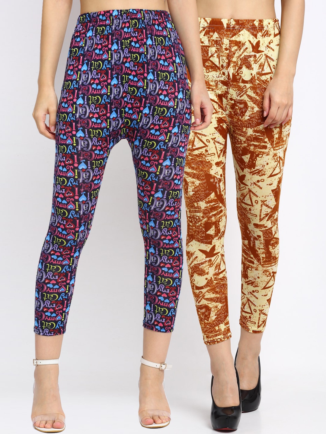 

NEUDIS Women Pack of 2 Printed Skinny Fit Ankle Length Crop Leggings, Brown
