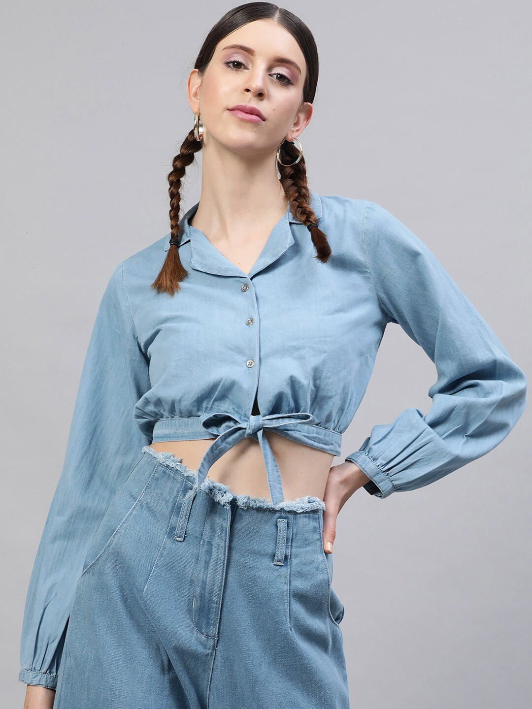 

STREET 9 Blue Solid Puff Sleeves Indigo Pure Cotton Denim Shirt Style Crop Top