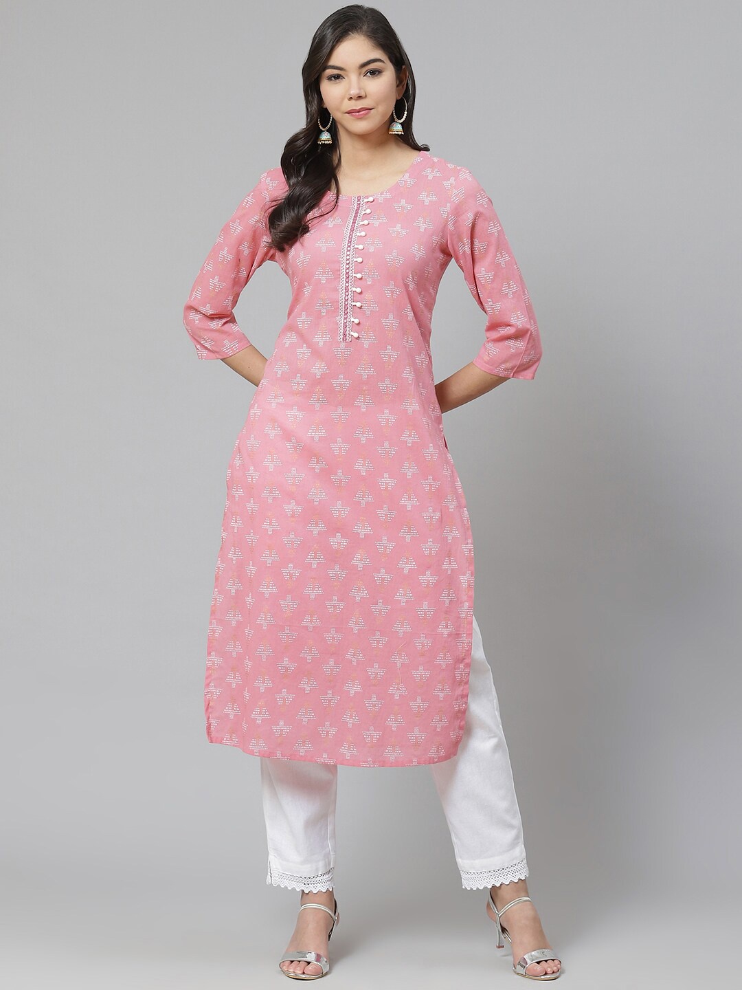 

PIROH Women Pink & Off White Geometric Printed Kurta