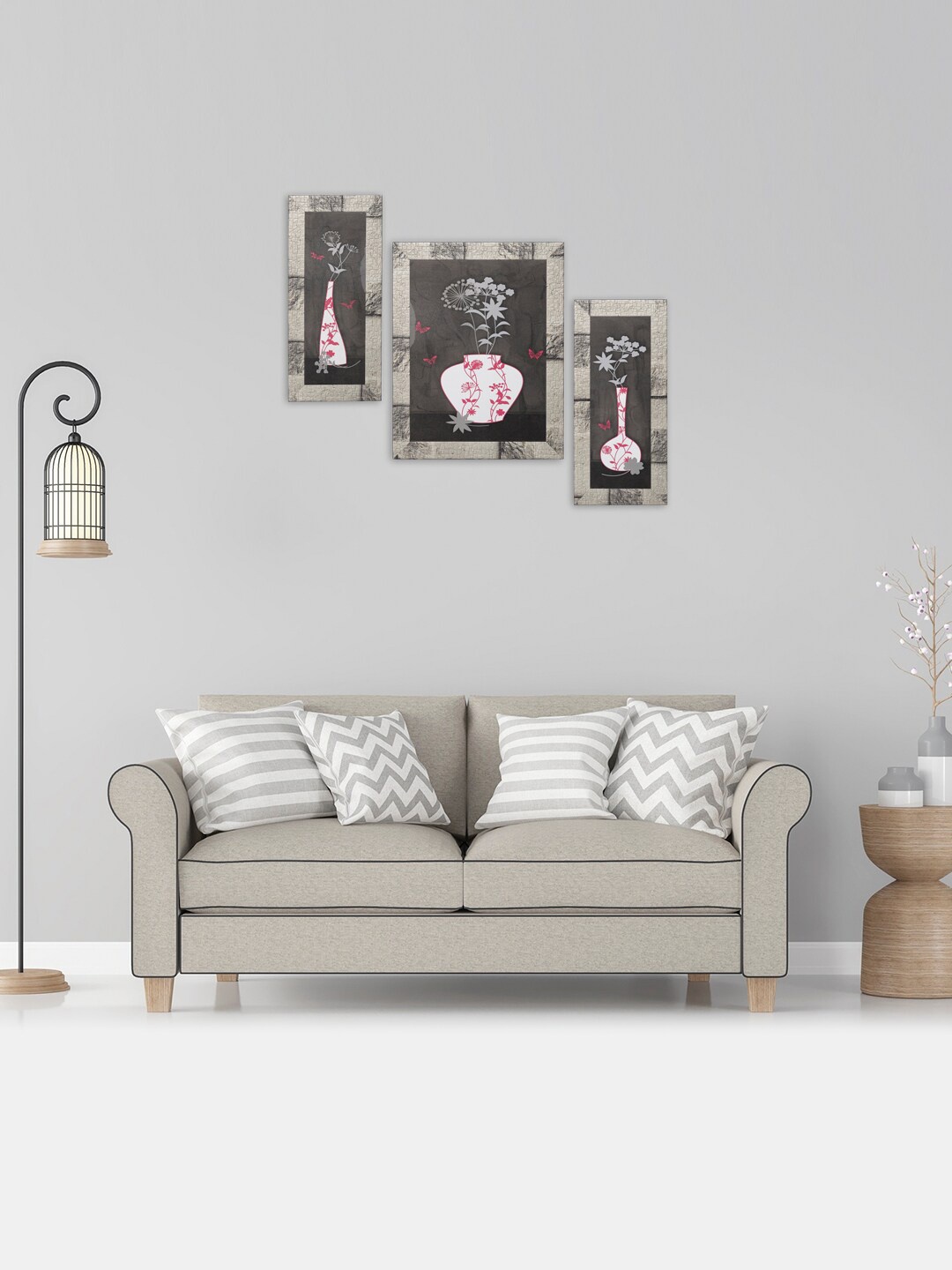 

Indianara Set of 3 Pink & Grey Digitally Printed Flowers in Vases Wall Arts, White