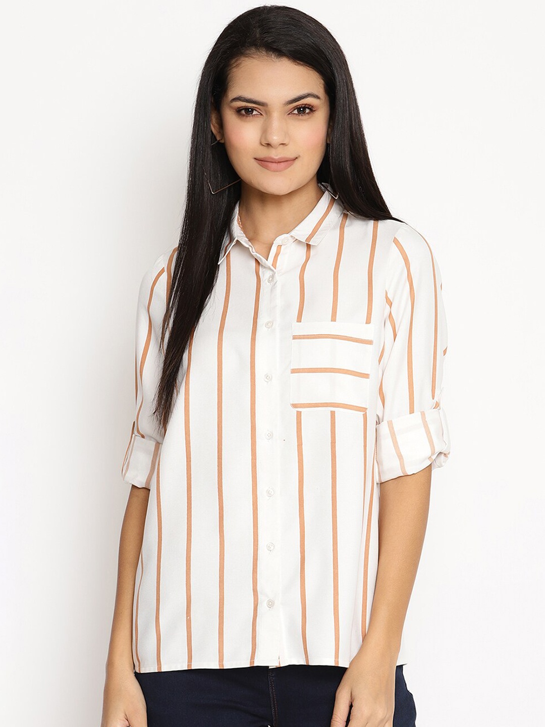 

HOUSE OF KKARMA Women White & Pink Regular Fit Striped Casual Shirt