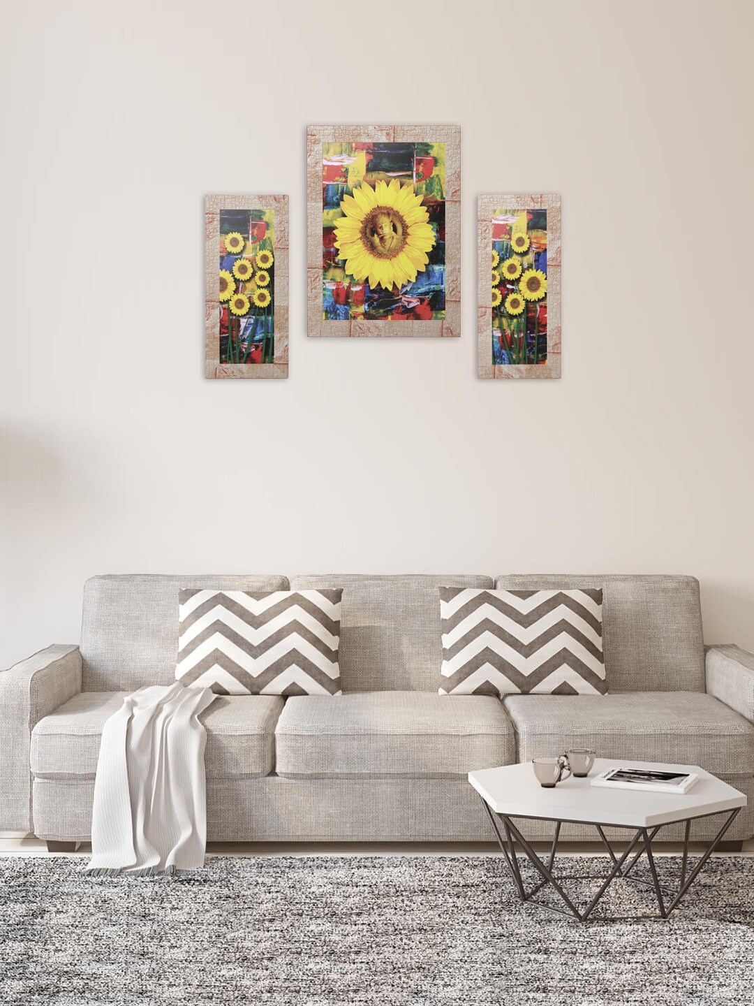 

Indianara Set of 3 Blue & Yellow Digitally Printed Flowers in Vases Wall Arts