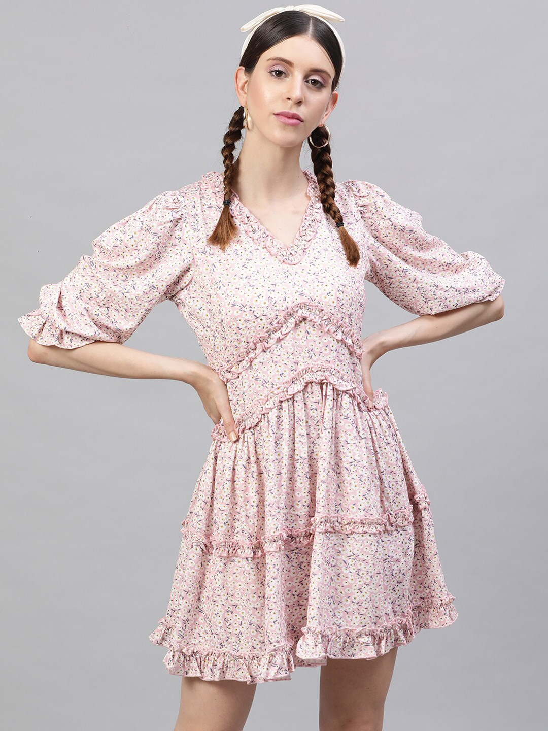 

STREET 9 Women Peach-Coloured Printed Fit and Flare Dress