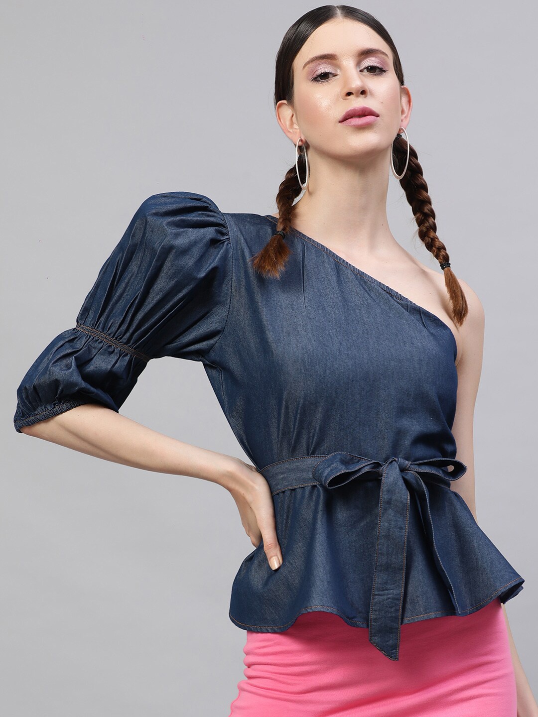 STREET 9 Navy Blue Pure Cotton Solid Denim Peplum Top