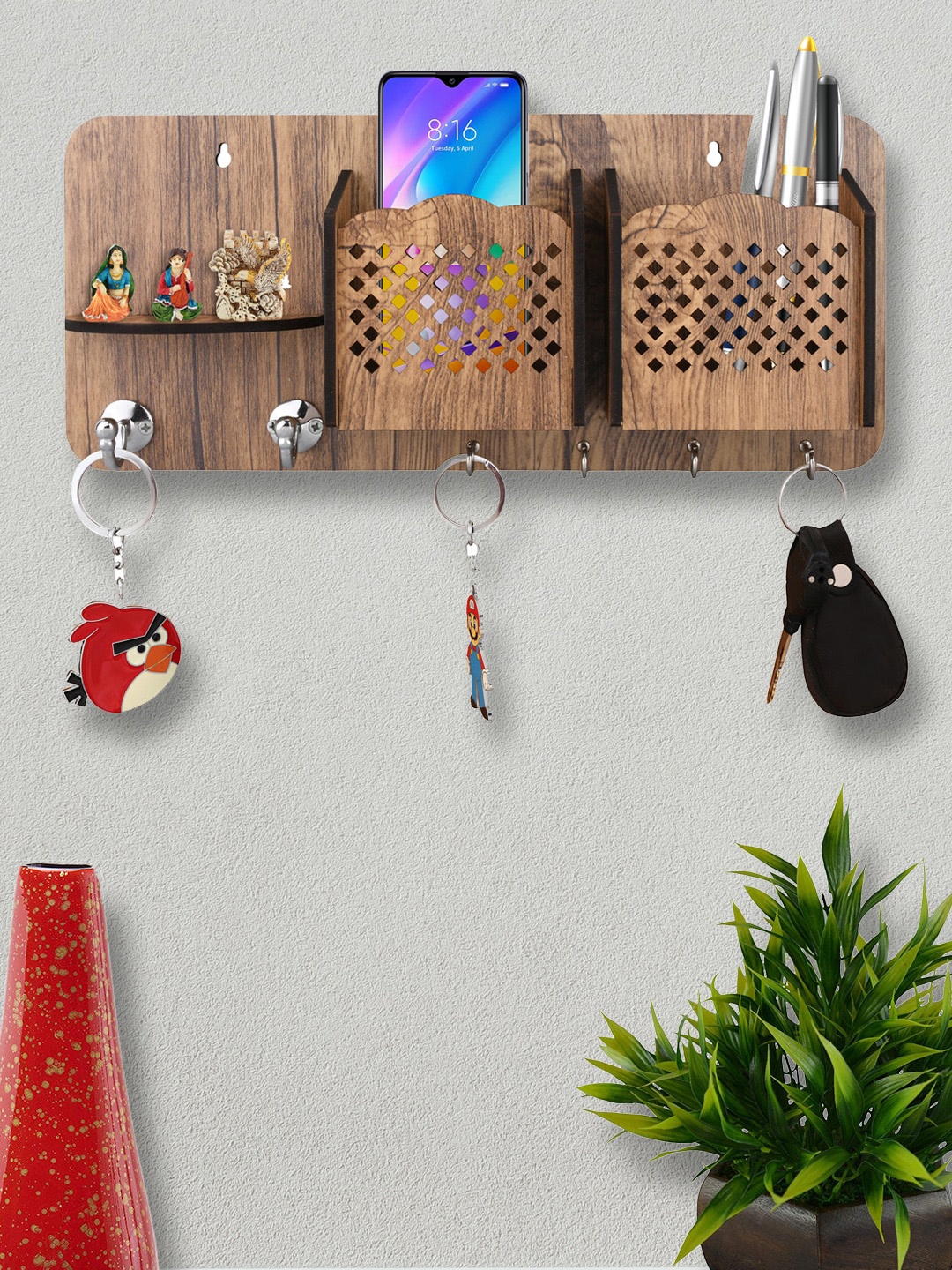 ROMEE Brown Wooden Key Holder With 1 Shelf & 2 Mobile Stand Holder