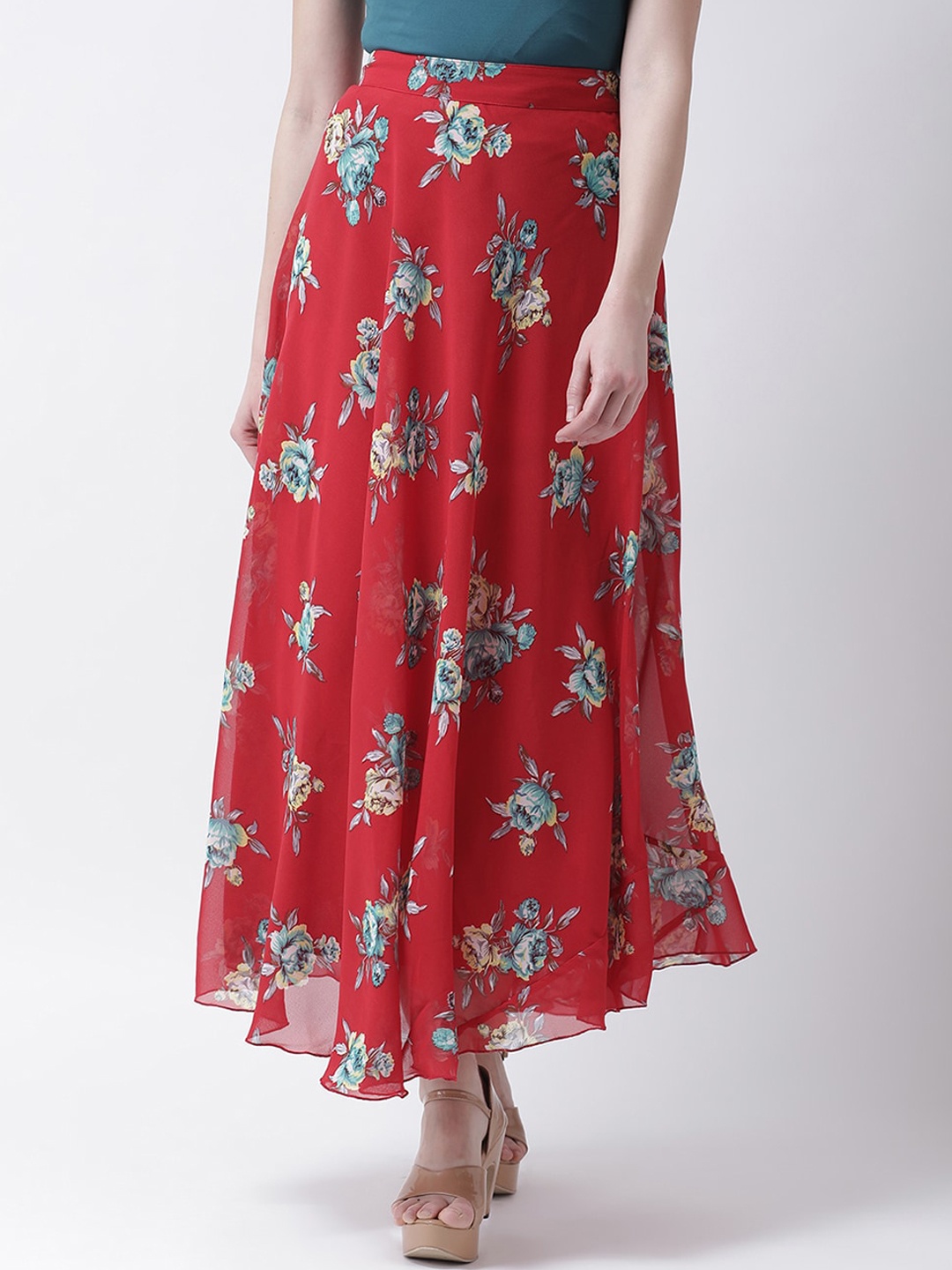 

The Vanca Women Red & Teal-Blue Floral Printed Comfort Fit Fashion Skirt