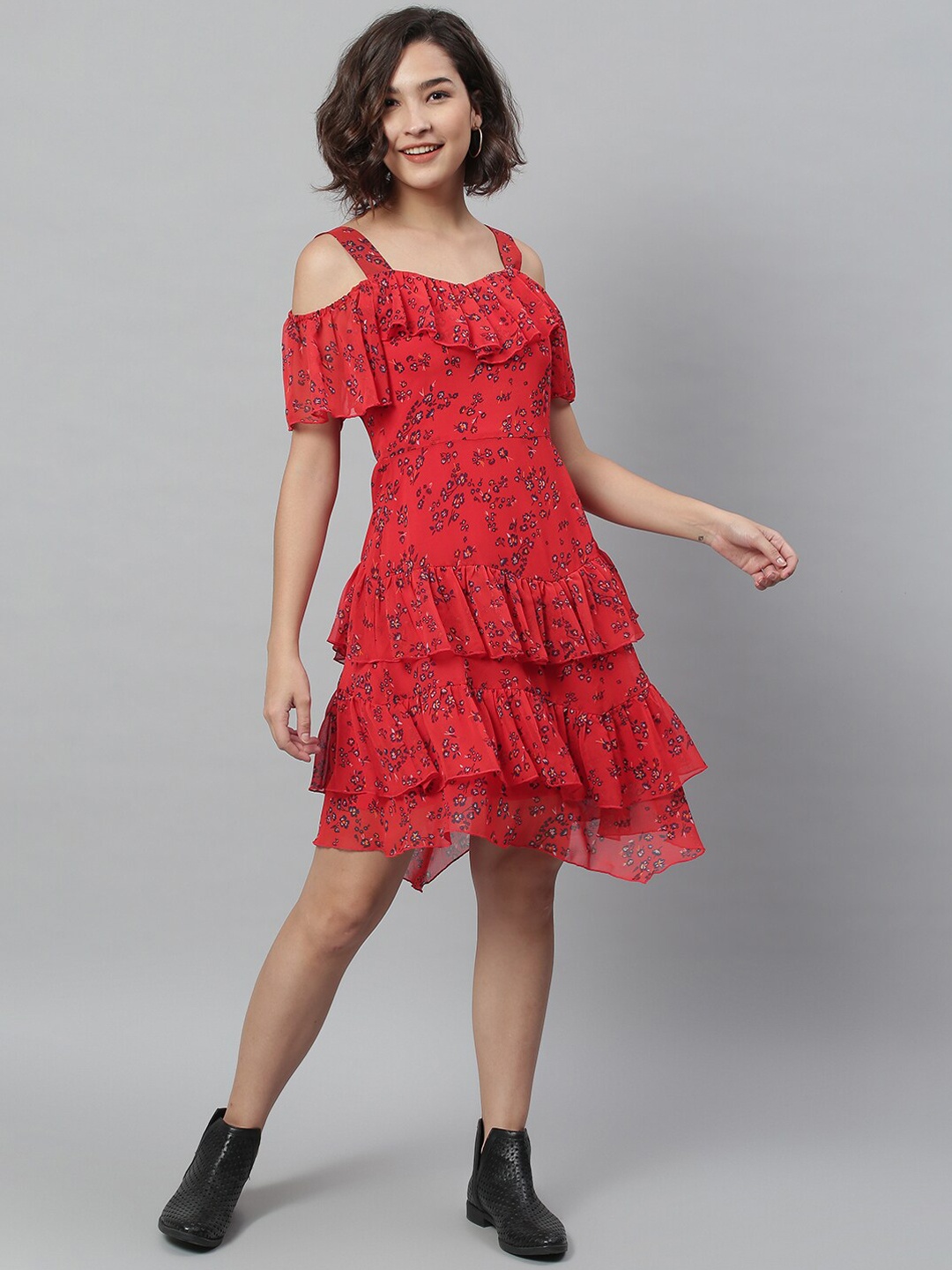 

KASSUALLY Floral Georgette A-Line Dress, Red