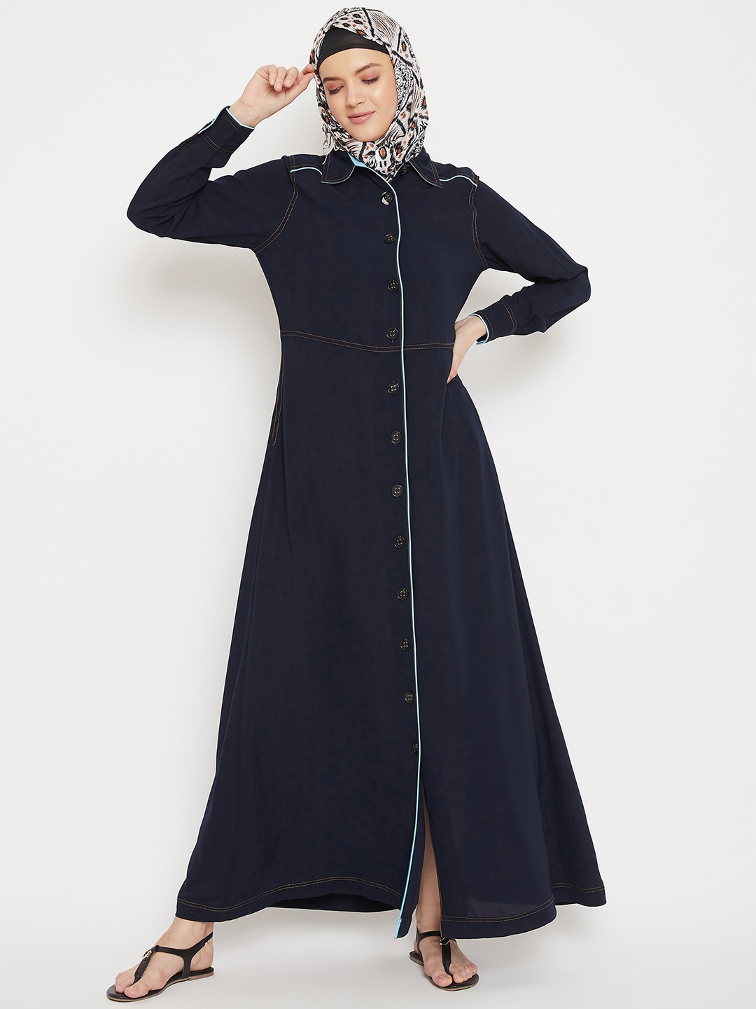 

MOMIN LIBAS Women Navy Blue Solid Front Open Abaya