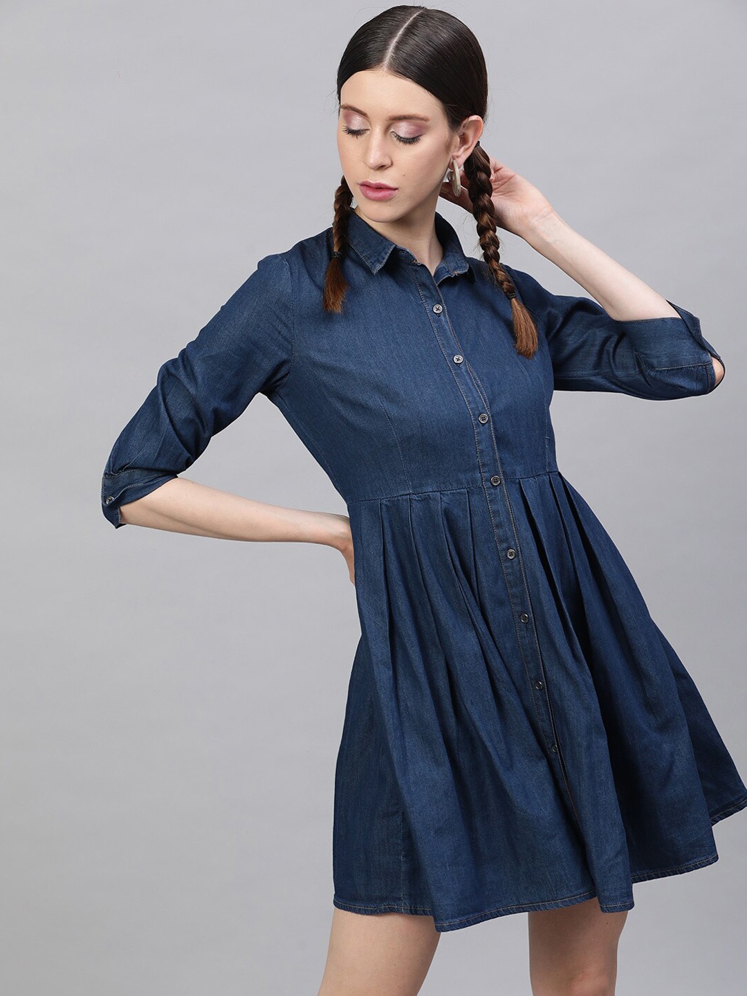 

STREET 9 Women Blue Solid Denim A-Line Dress