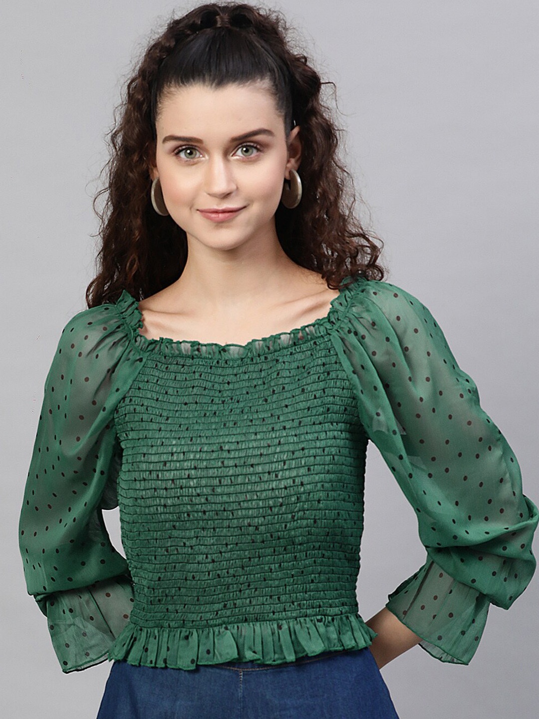 

STREET 9 Green & Black Polka Dot Printed Puff Sleeves Smocked Fitted Top