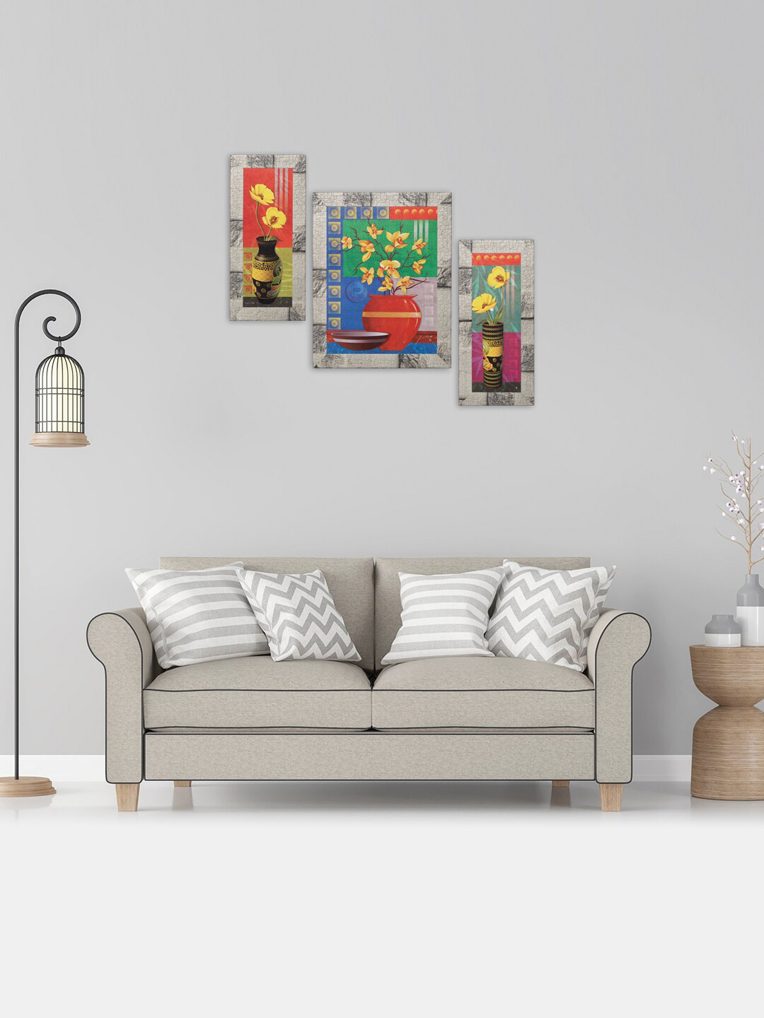 

Indianara Set of 3 Multicoloured Flowers in Vases Framed Wall Paintings without Glass, Multi