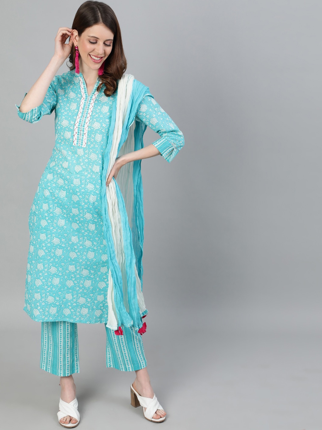 

Jaipur Kurti Women Blue Printed Kurta with Trousers & Dupatta